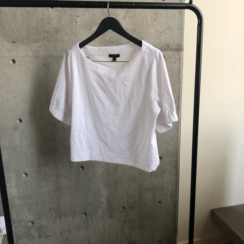 J. Crew White Striped Puff Sleeve Top